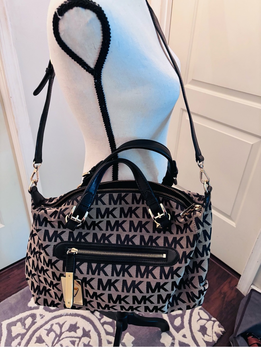 Michael Kors Black and Beige MK Logo Satchel with Gold Hardware